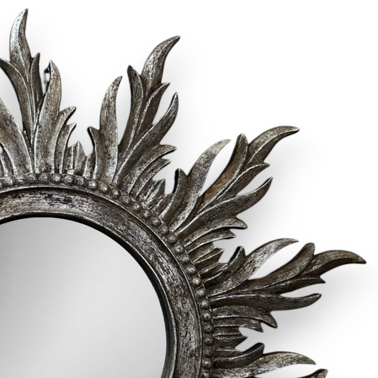 Wooden Sun Frame Mirror | Silver Washed