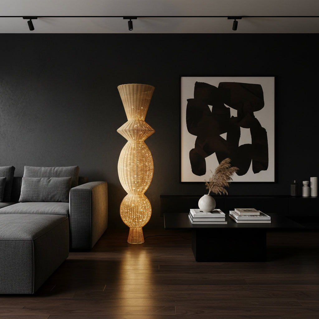 Tall sculptural floor lamp featuring a handwoven natural wicker shade with an elegant stacked silhouette that softly diffuses warm ambient light. A striking statement lighting piece perfect for living rooms, bedrooms, boutique hotels, and contemporary interiors.