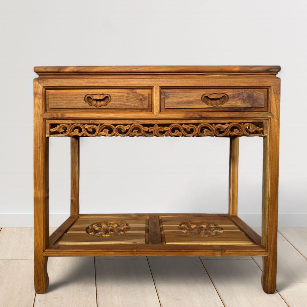 2 Drawer Handle Carving Table | Teak