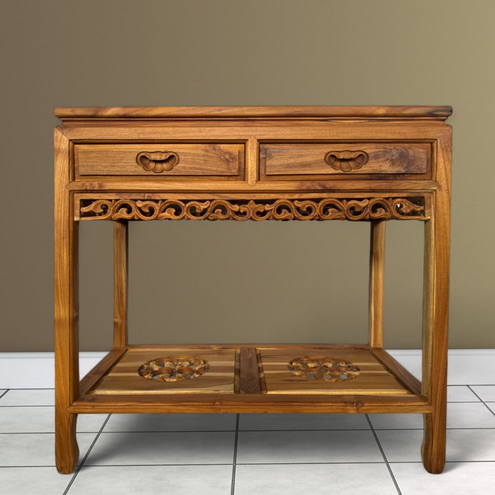 2 Drawer Handle Carving Table | Teak