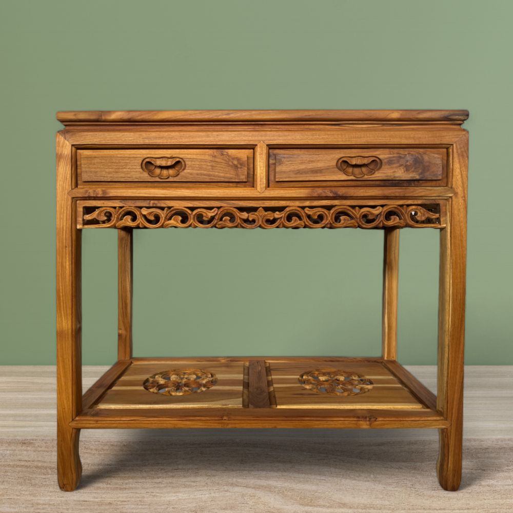 2 Drawer Handle Carving Table | Teak