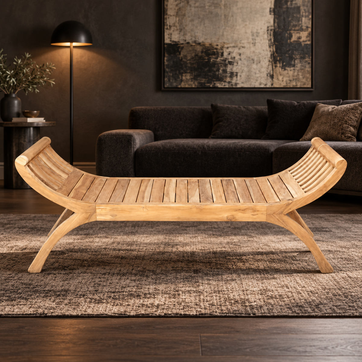 Sculpted Teak-Style Wooden Bench – Yellow Lemon Tree