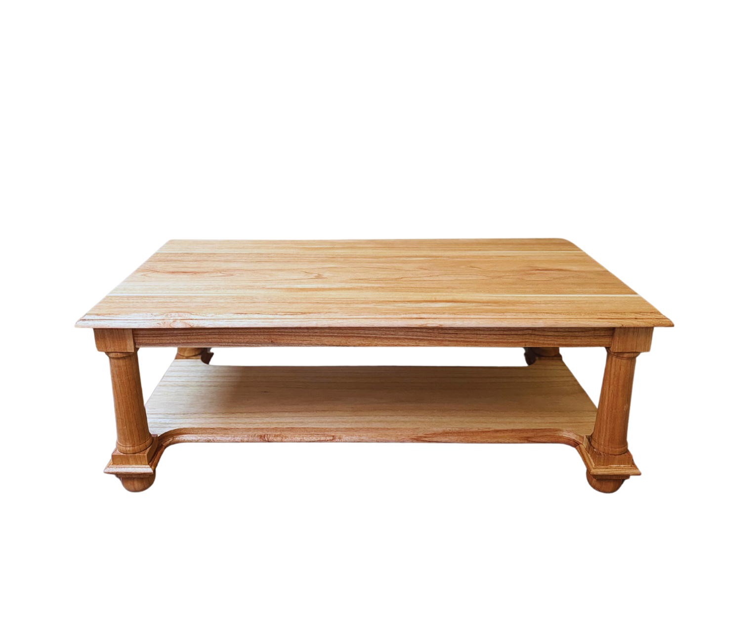 Post Coffee Table | Natural Finish, made from stained teak wood with bottom storage