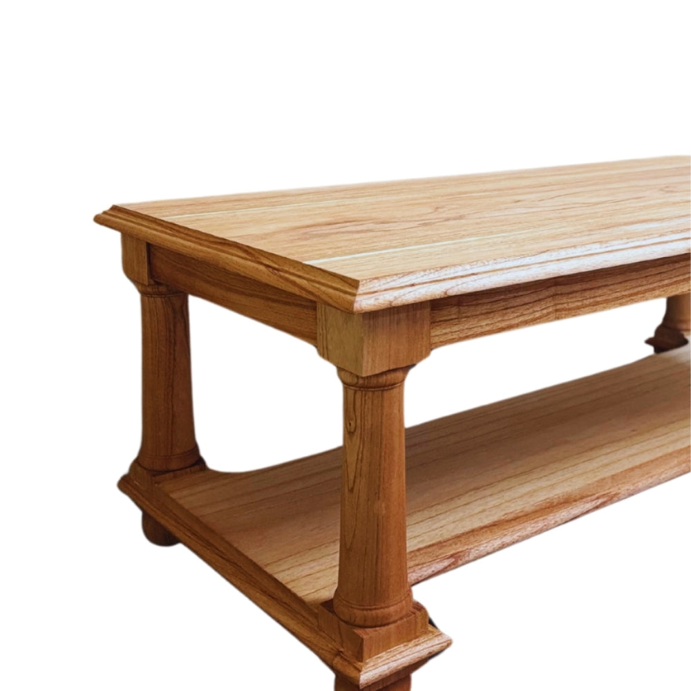 Post Coffee Table | Natural Finish, made from stained teak wood with bottom storage