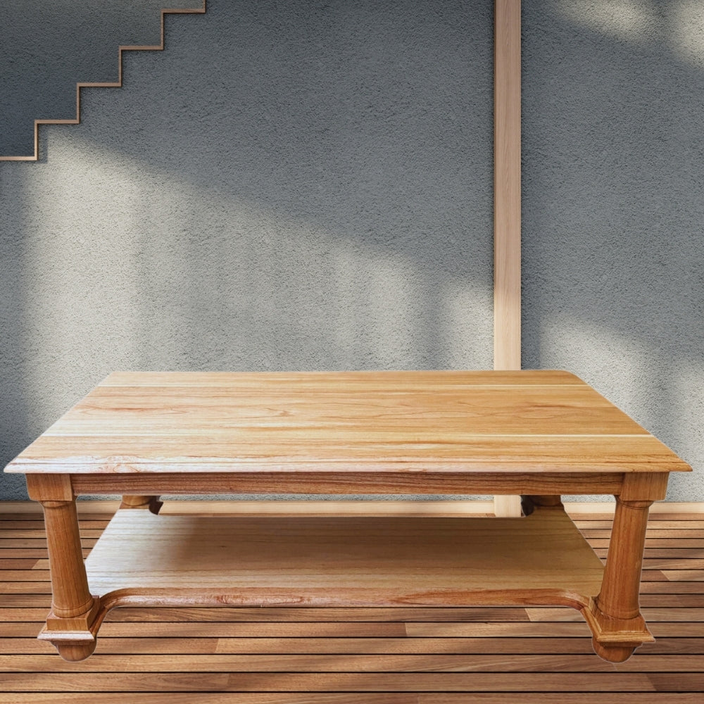 Post Coffee Table | Natural Finish, made from stained teak wood with bottom storage