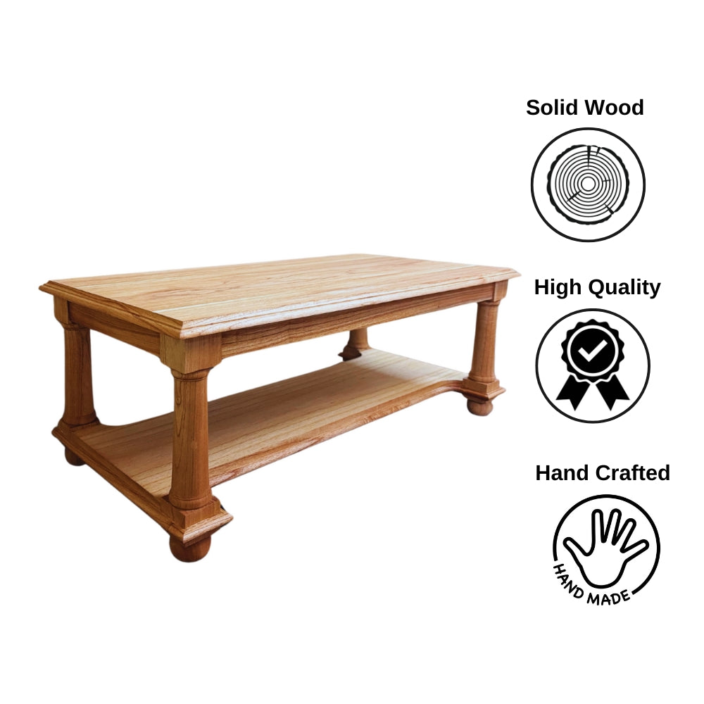 Post Coffee Table | Natural Finish, made from stained teak wood with bottom storage