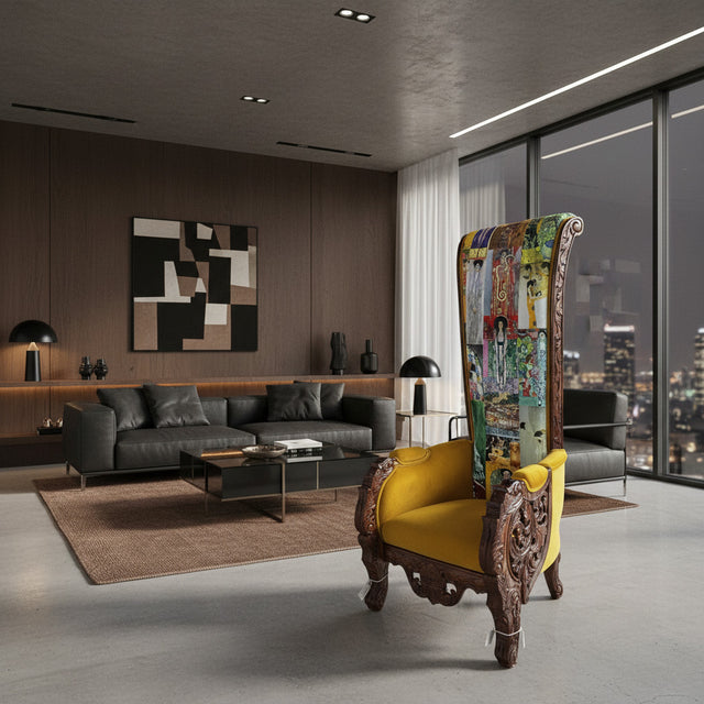 Luxury high-back wingback chair featuring a richly hand-carved dark wood frame, plush mustard yellow upholstery, and an artistic patchwork backrest inspired by Gustav Klimt. A bold statement chair for luxury, eclectic, and contemporary interiors.