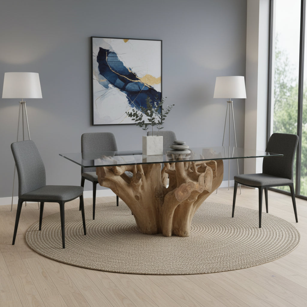 Contemporary rectangular glass dining table featuring a handcrafted solid wood tree root pedestal base with a natural organic finish. Combining modern glass with sculptural natural timber, this statement dining table is perfect for luxury homes, boutique hotels, lodges, or contemporary dining spaces.