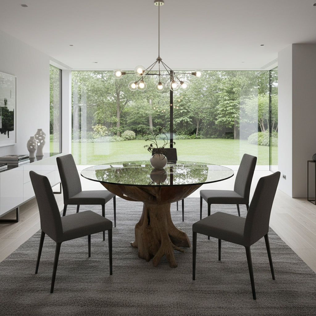 Contemporary round glass dining table featuring a sculptural solid wood tree root pedestal base with a natural finish. A striking statement piece that combines organic craftsmanship with modern elegance, ideal for dining rooms, lodges, luxury homes, or contemporary interiors.