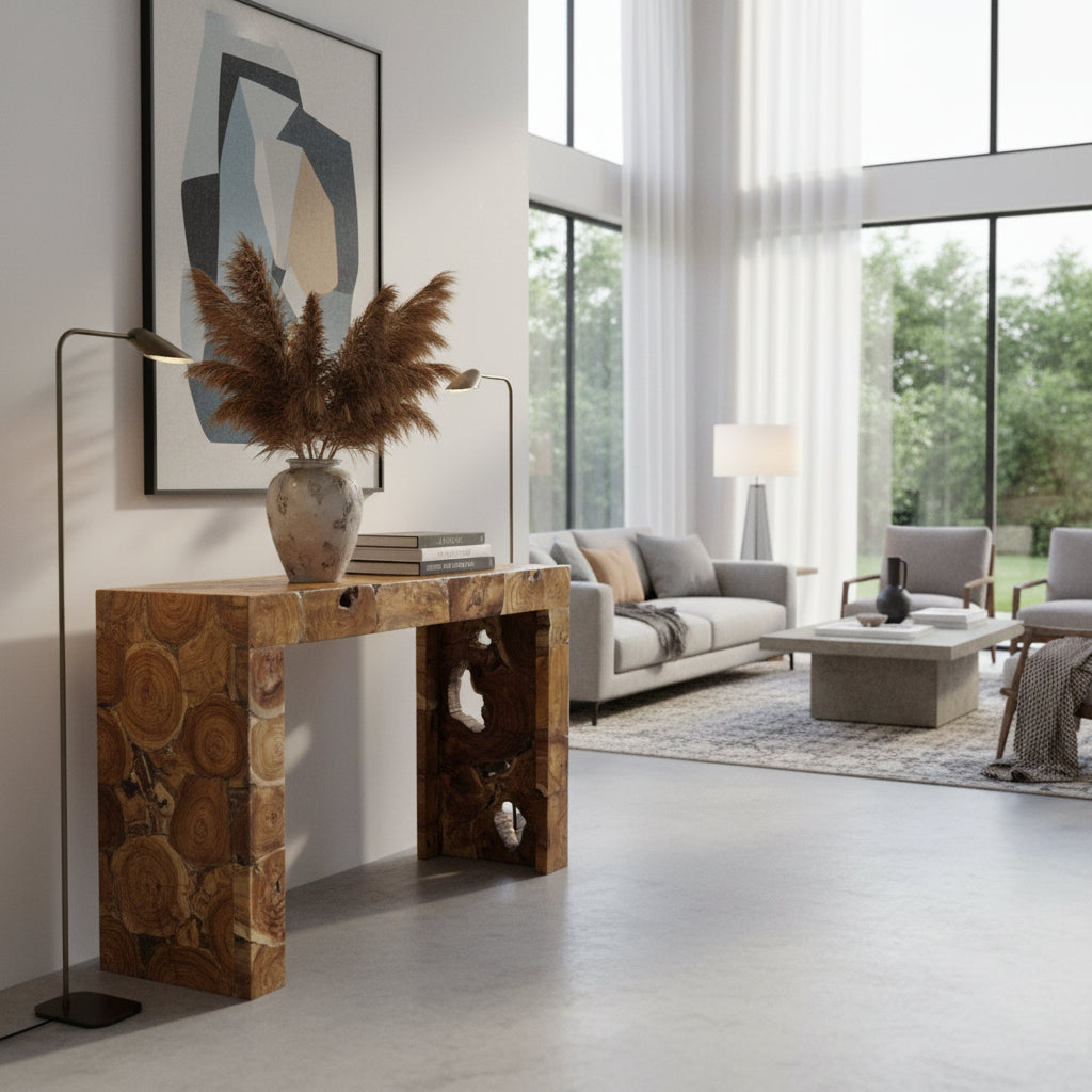 Rustic solid wood console table crafted from reclaimed timber with a natural live-edge top and sculptural cut-out base, styled with a ceramic vase, dried pampas grass, and books in a contemporary living room.