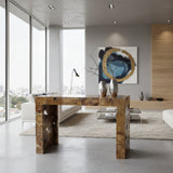Rustic solid wood console table crafted from reclaimed timber with a natural live-edge design and sculptural cut-out legs, styled with decorative metallic vases in a bright contemporary living room.