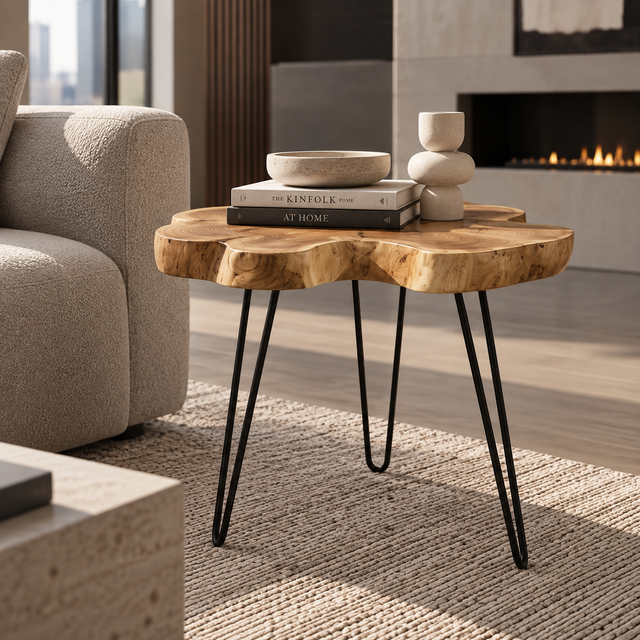A live-edge wood accent table with black hairpin legs, styled in a modern living room next to a beige sofa with decorative books and a small ceramic vase on top.