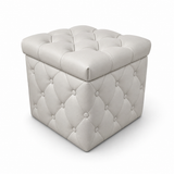 Cream square tufted storage ottoman with button detailing and a removable lid, perfect for extra seating, hidden storage, and contemporary living spaces.