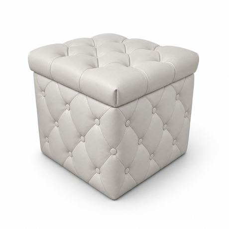Cream square tufted storage ottoman with button detailing and a removable lid, perfect for extra seating, hidden storage, and contemporary living spaces.