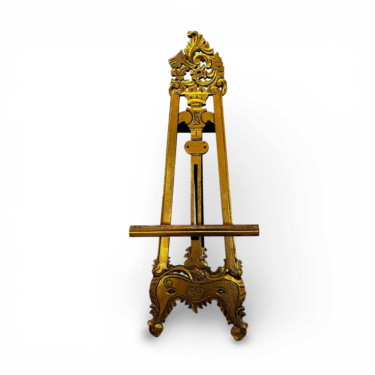 Elegant antique-style wooden display easel with ornate carved detailing and a distressed gold finish, featuring an adjustable support for showcasing artwork, mirrors, welcome signs, menus, or decorative displays.
