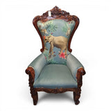 Luxury throne chair featuring a hand-carved solid wood frame, soft sage blue velvet upholstery, and a high back adorned with an elegant elephant and botanical artwork. A striking statement chair designed for sophisticated living rooms, boutique hotels, executive offices, or luxury lounge spaces.