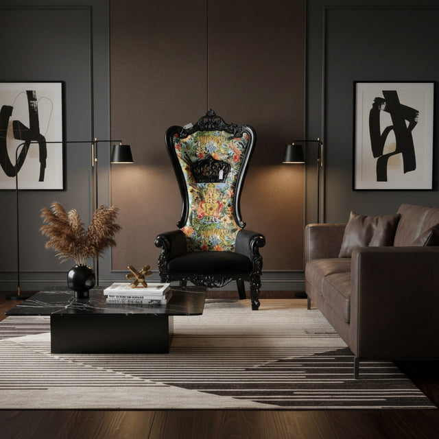 Elegant high-back throne chair featuring an ornate black carved wooden frame, black upholstered armrests and seat, and a vibrant floral-patterned fabric backrest, creating a bold statement for luxurious living spaces, boutique hotels, or elegant lounges.