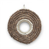 Round decorative wall mirror handcrafted with a woven natural fibre frame and layered rows of patterned and white seashells. This coastal-inspired statement mirror brings texture, warmth, and artisan craftsmanship to living rooms, bedrooms, entryways, boutique hotels, or luxury beach-style interiors.