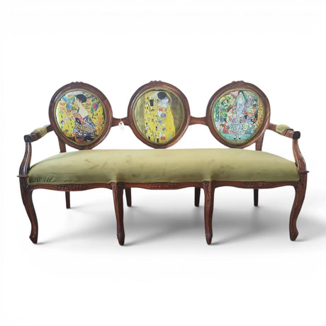 Elegant three-seater upholstered bench featuring a hand-carved solid wood frame, three oval medallion backrests with artistic portrait fabric panels, soft olive green velvet seat upholstery, and gracefully curved armrests. A timeless statement piece for luxurious living rooms, boutique hotels, executive lounges, or refined reception areas.