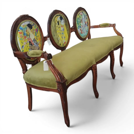 Elegant three-seater upholstered bench featuring a hand-carved solid wood frame, three oval medallion backrests with artistic portrait fabric panels, a plush olive green upholstered seat, and curved wooden armrests. A luxurious statement piece ideal for sophisticated living rooms, boutique hotels, executive lounges, or elegant reception spaces.