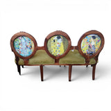 Elegant three-seater upholstered bench featuring a hand-carved solid wood frame, three oval medallion backrests with artistic portrait fabric panels, plush olive green velvet seat cushions, and a timeless curved silhouette. A sophisticated statement piece for luxury living rooms, boutique hotels, executive lounges, or elegant reception spaces.