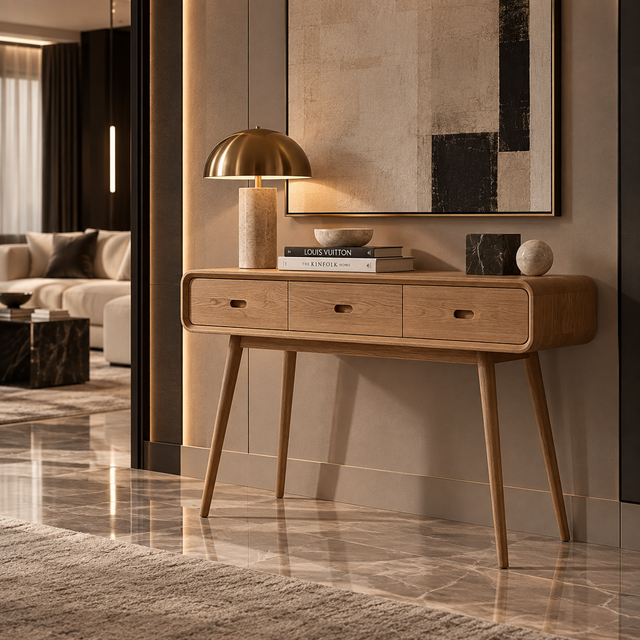 A mid-century modern wooden console table with three drawers and tapered legs, styled in a luxurious interior with a brass dome lamp, books, and decorative objects.