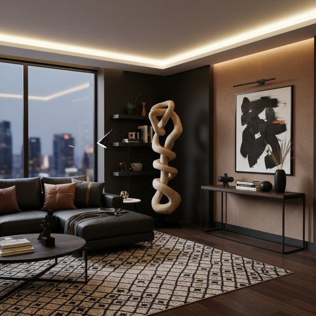 Contemporary abstract sculpture handcrafted from solid natural wood, featuring an elegant flowing twisted design with a smooth organic finish. This striking floor-standing statement piece is perfect for living rooms, entryways, boutique hotels, offices, or luxury contemporary interiors.
