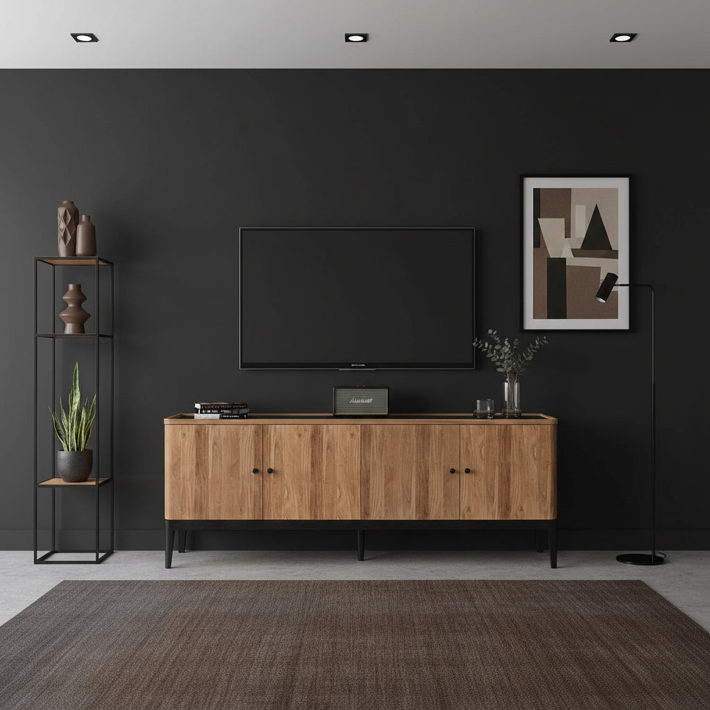 Modern natural wood TV unit with four cabinet doors, black metal legs, and a minimalist design, styled in a sophisticated contemporary living room.