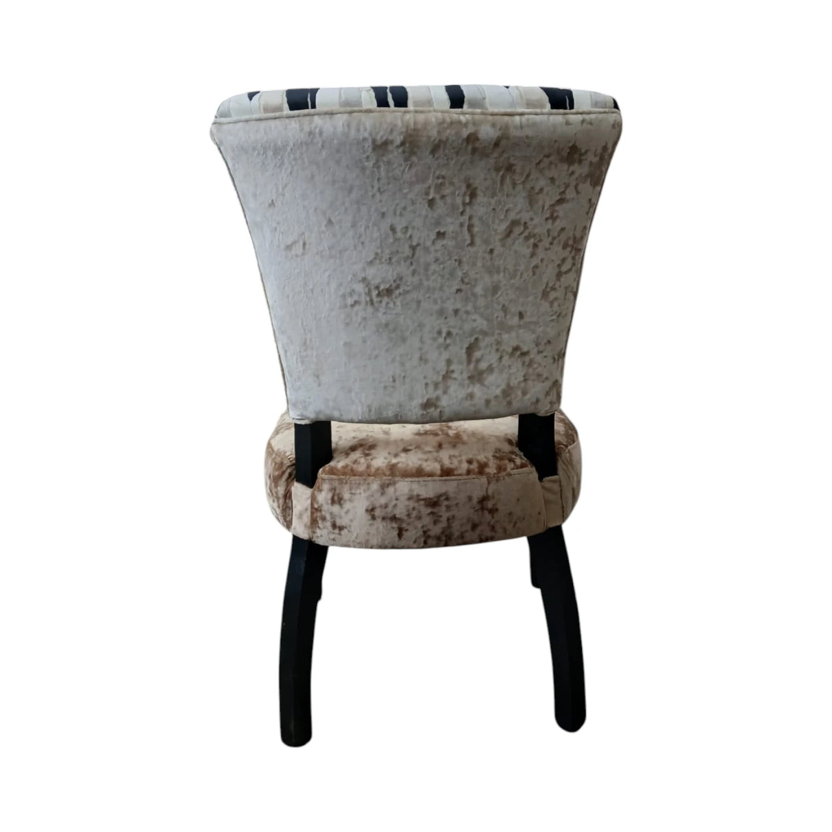 Contemporary dining chair featuring a black and cream abstract patterned upholstered backrest, a soft taupe velvet seat, and sleek black wooden legs, designed to add modern elegance and comfort to any dining space.