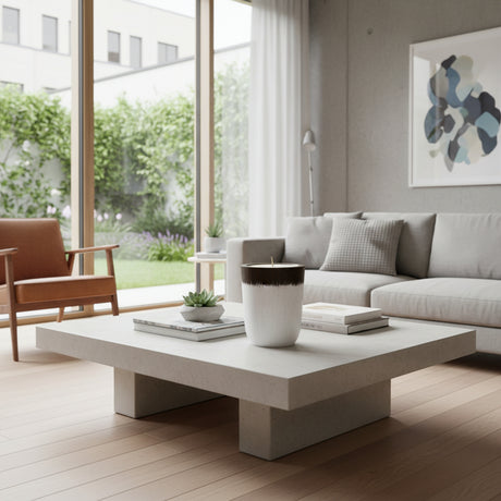 Modern square coffee table with a travertine-look finish, featuring a clean architectural pedestal base and minimalist design. Perfect for living rooms, luxury homes, boutique hotels, or contemporary interiors, offering timeless elegance and understated sophistication.