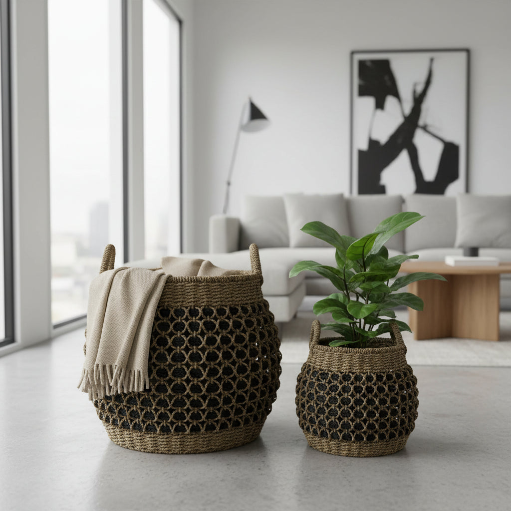 Woven baskets with a blanket and plant in a modern living room.