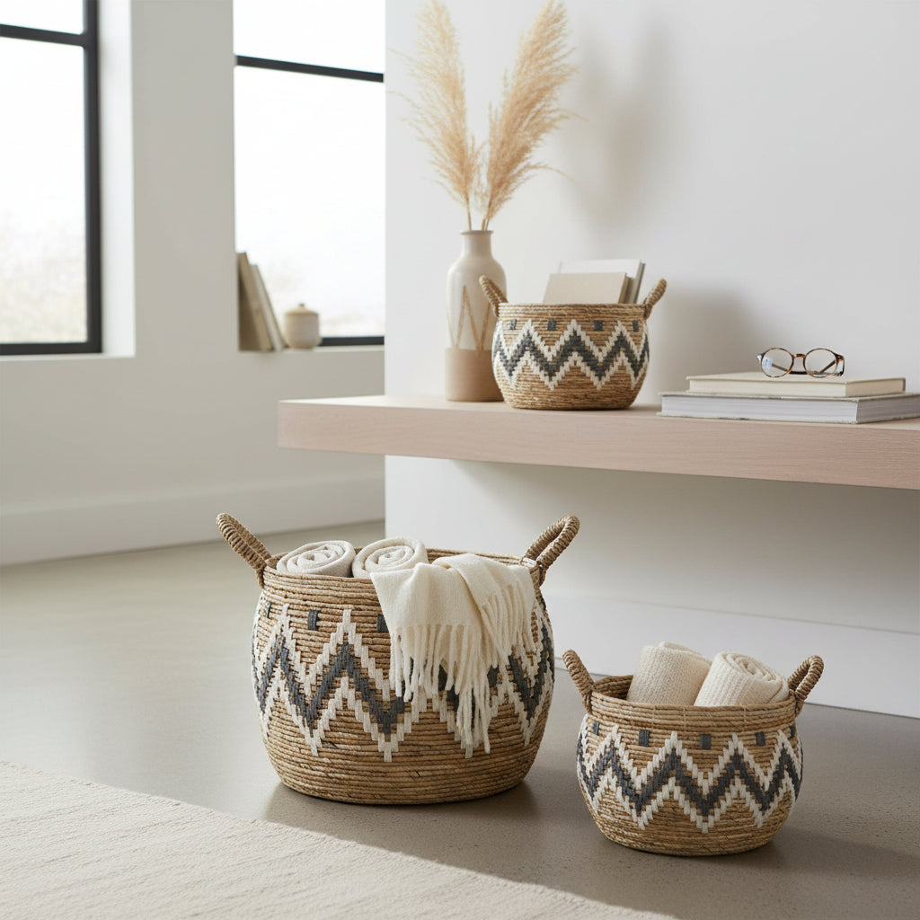 Woven baskets with zigzag patterns on a shelf and floor in a bright room.