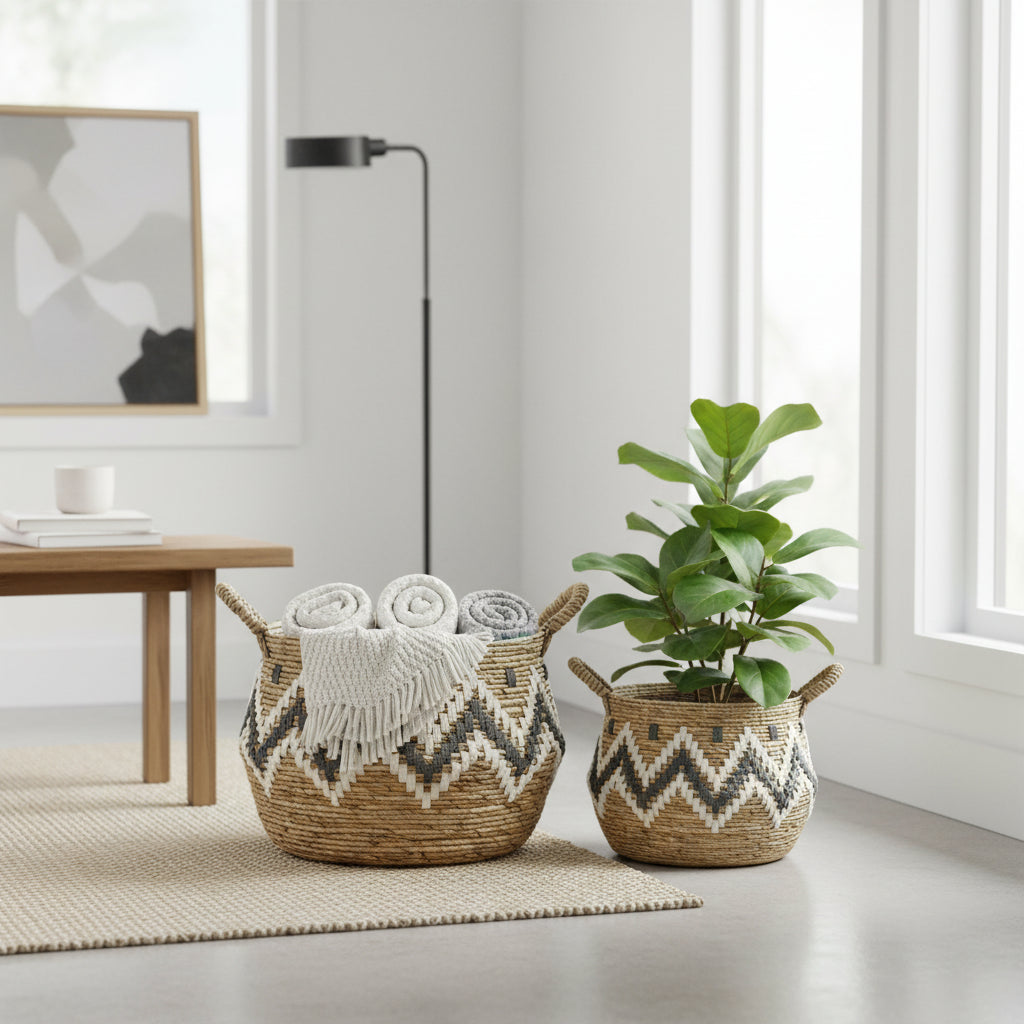 Two woven baskets with decorative patterns, one containing rolled-up towels, the other a potted plant, in a modern room.