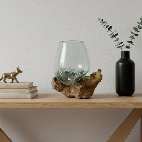 Handcrafted natural driftwood glass vase featuring a clear removable glass bowl nestled in an organic reclaimed wood base. Perfect for displaying fresh flowers, succulents, or candles in coastal, rustic, boho, Scandinavian, and contemporary home interiors.