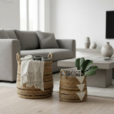 Woven baskets with decorative items in a living room setting