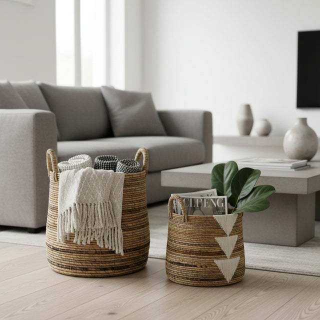 Woven baskets with decorative items in a living room setting