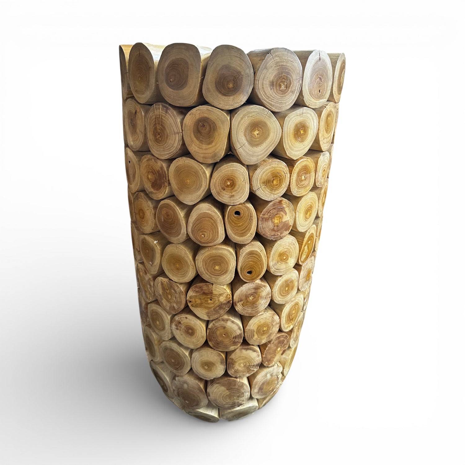 Handcrafted decorative pedestal made from natural wood log slices in a tapered cylindrical design, showcasing the unique grain and organic texture of each piece. Perfect as a plant stand, accent table, or rustic décor feature for homes, lodges, patios, or nature-inspired interiors.