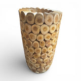 Handcrafted decorative pedestal made from natural wood log slices in a tapered cylindrical design, showcasing the unique grain and organic texture of each piece. Perfect as a plant stand, accent table, or rustic décor feature for homes, lodges, patios, or nature-inspired interiors.