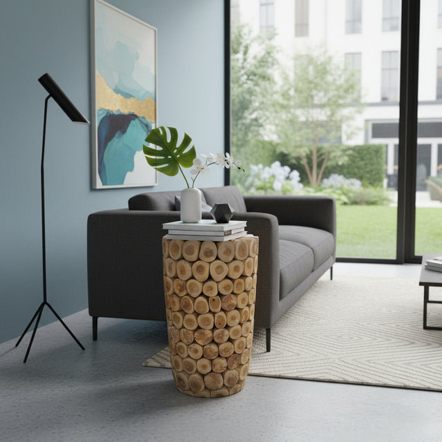 Handcrafted cylindrical side table made from natural wood log slices, showcasing the unique grain and texture of each cut. A rustic accent table perfect for living rooms, bedrooms, lodges, patios, or nature-inspired interiors.
