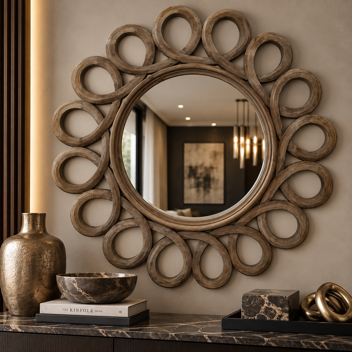 A large decorative wall mirror with an ornate sunburst frame made of interlocking circular wood elements, mounted on a beige wall above a dark marble console. The reflection shows a dimly lit interior, and the surrounding decor includes a metallic vase, a bowl, books, and sculptural objects.