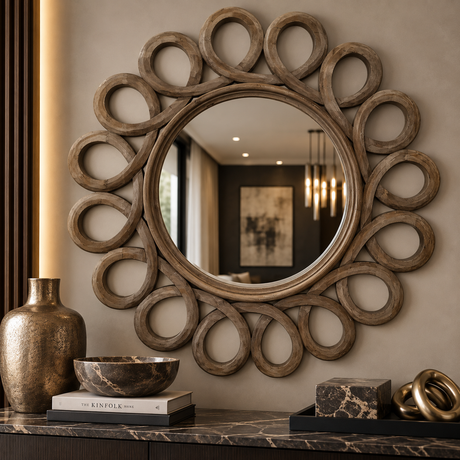 A large decorative wall mirror with an ornate sunburst frame made of interlocking circular wood elements, mounted on a beige wall above a dark marble console. The reflection shows a dimly lit interior, and the surrounding decor includes a metallic vase, a bowl, books, and sculptural objects.