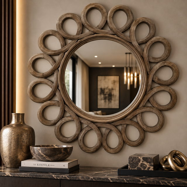 A large decorative wall mirror with an ornate sunburst frame made of interlocking circular wood elements, mounted on a beige wall above a dark marble console. The reflection shows a dimly lit interior, and the surrounding decor includes a metallic vase, a bowl, books, and sculptural objects.