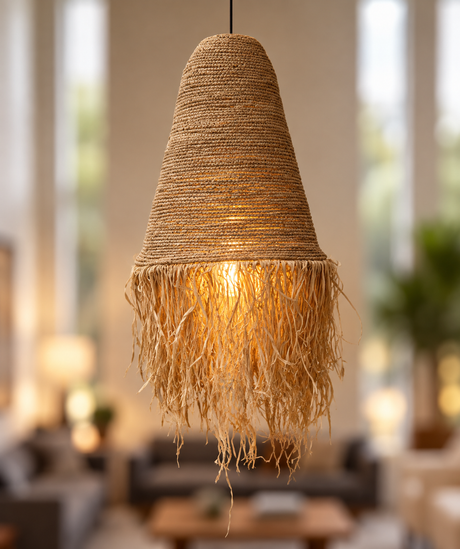 A bohemian-style woven pendant light made of natural jute rope, hanging in a softly blurred living room interior.