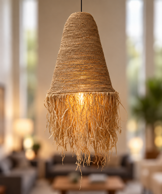 A bohemian-style woven pendant light made of natural jute rope, hanging in a softly blurred living room interior.