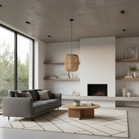 Modern cylinder-shaped pendant light featuring a handwoven natural rattan shade with an open-weave design and a sleek black suspension cord. A warm and contemporary lighting fixture ideal for kitchens, dining rooms, bedrooms, boutique hotels, cafés, and modern interiors.