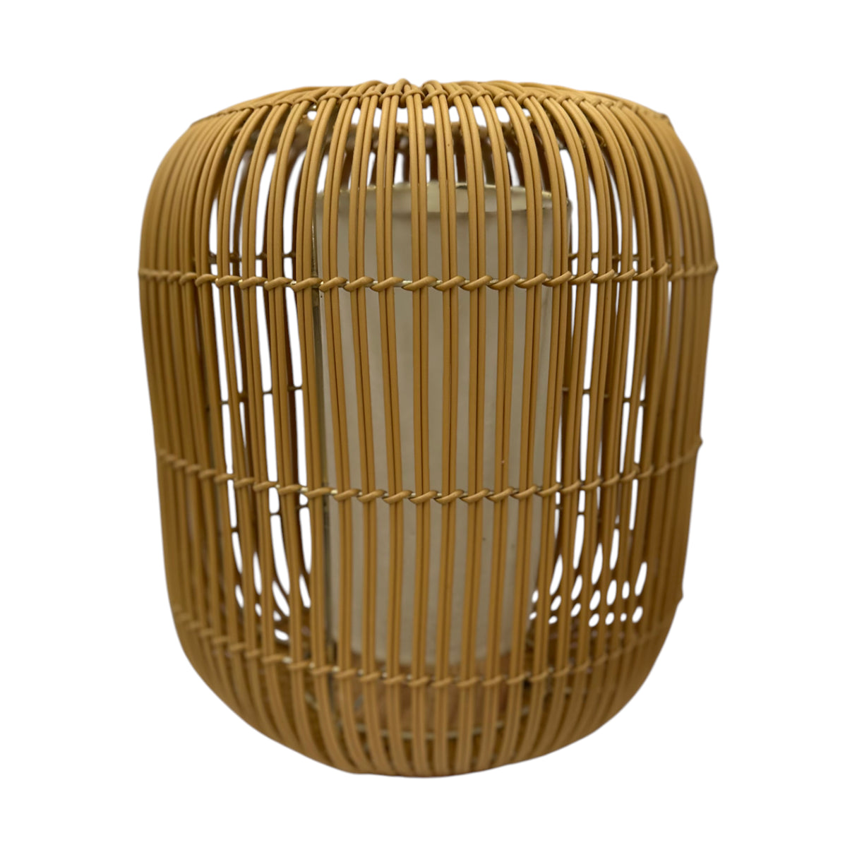 Handwoven natural rattan pendant light shade featuring a contemporary cylindrical silhouette with an open-weave design. Perfect for creating warm ambient lighting in kitchens, dining rooms, bedrooms, boutique hotels, cafés, and modern interiors.