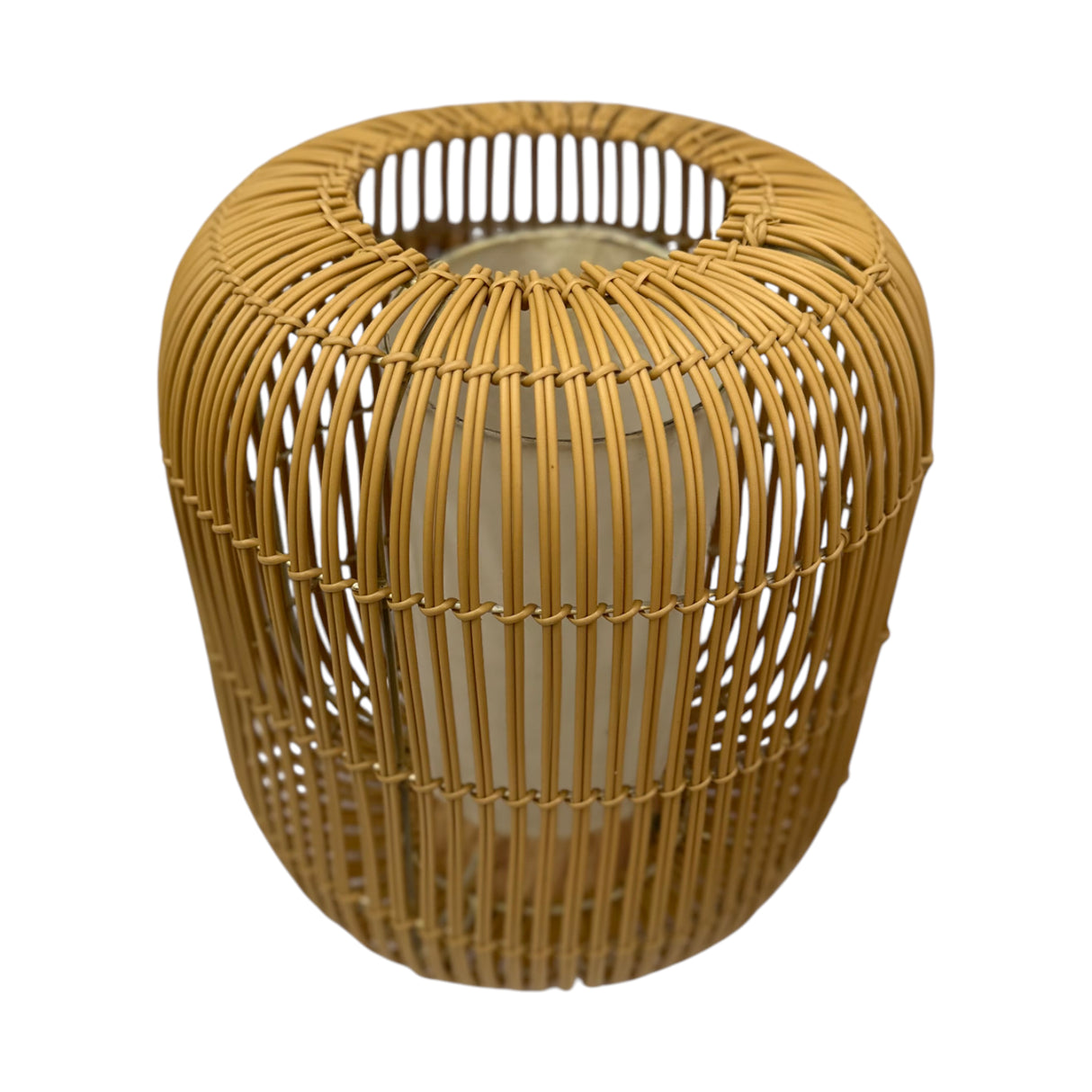 Handwoven natural rattan pendant light shade featuring a contemporary cylindrical silhouette with an open-weave design. Perfect for creating warm ambient lighting in kitchens, dining rooms, bedrooms, boutique hotels, cafés, and modern interiors.