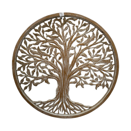 Round Tree of Life wall art panel crafted from carved wood with a natural brown finish, featuring intricate branches and roots within a circular frame, ideal for adding a timeless botanical accent to living rooms, bedrooms, hallways, or offices.