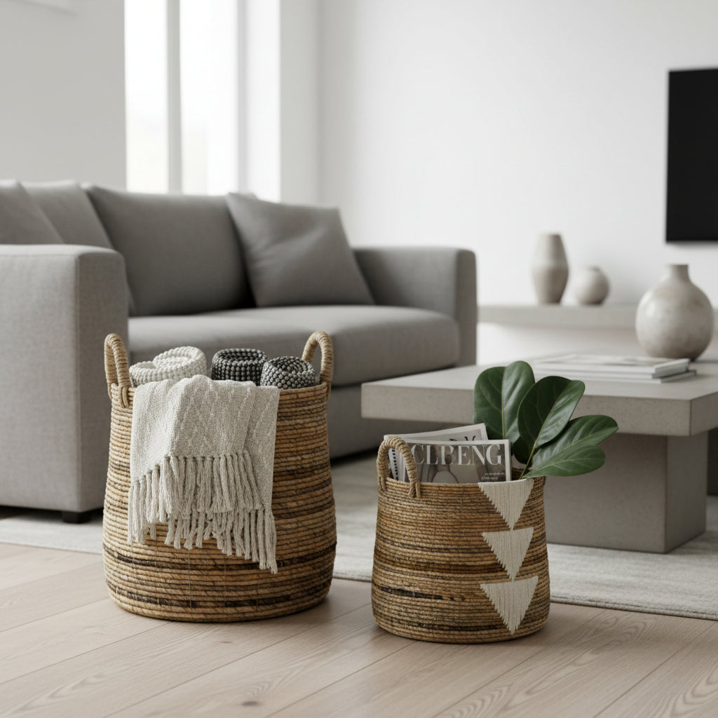 Woven baskets with decorative items in a living room setting