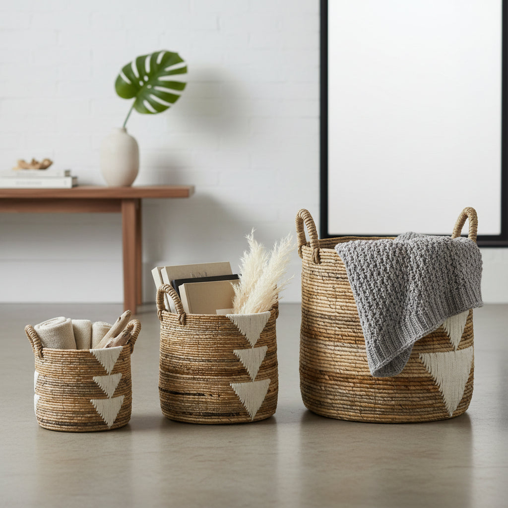 Three woven baskets with geometric patterns on a light wooden floor.